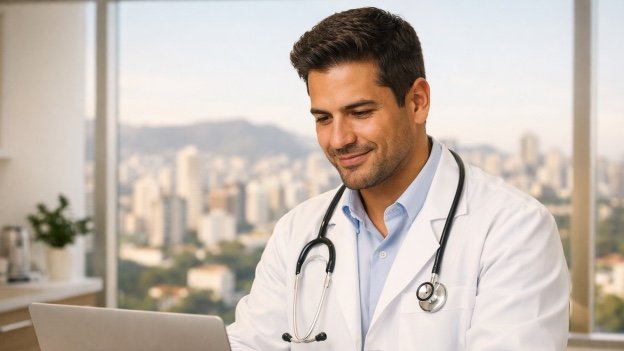 Médico de jaleco e estetoscópio utilizando um notebook no consultório.