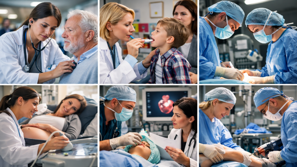 Profissionais médicos em diferentes contextos de atendimento, representando fases e desafios da carreira médica.