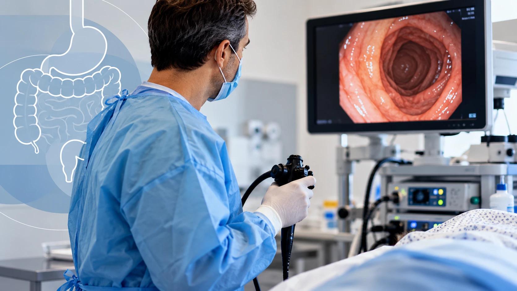 Médico realizando exame de endoscopia, representando campanha de Google Ads para endoscopia e colonoscopia.