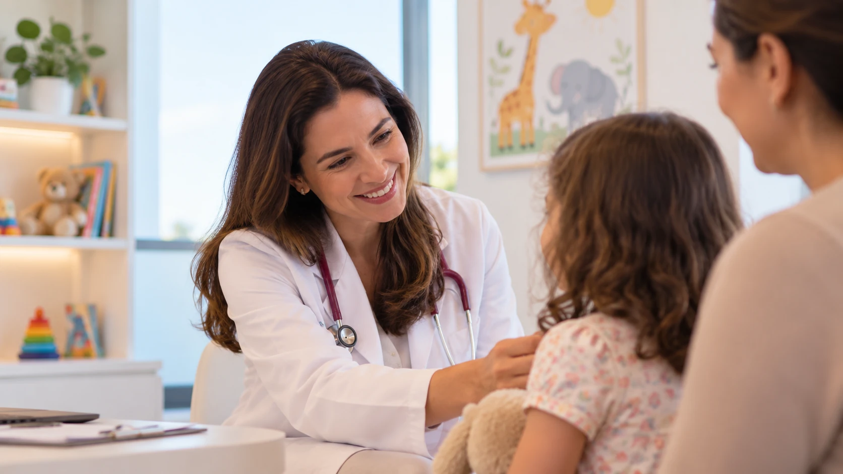 Pediatra em consulta com criança, representando presença digital para atendimento particular.
