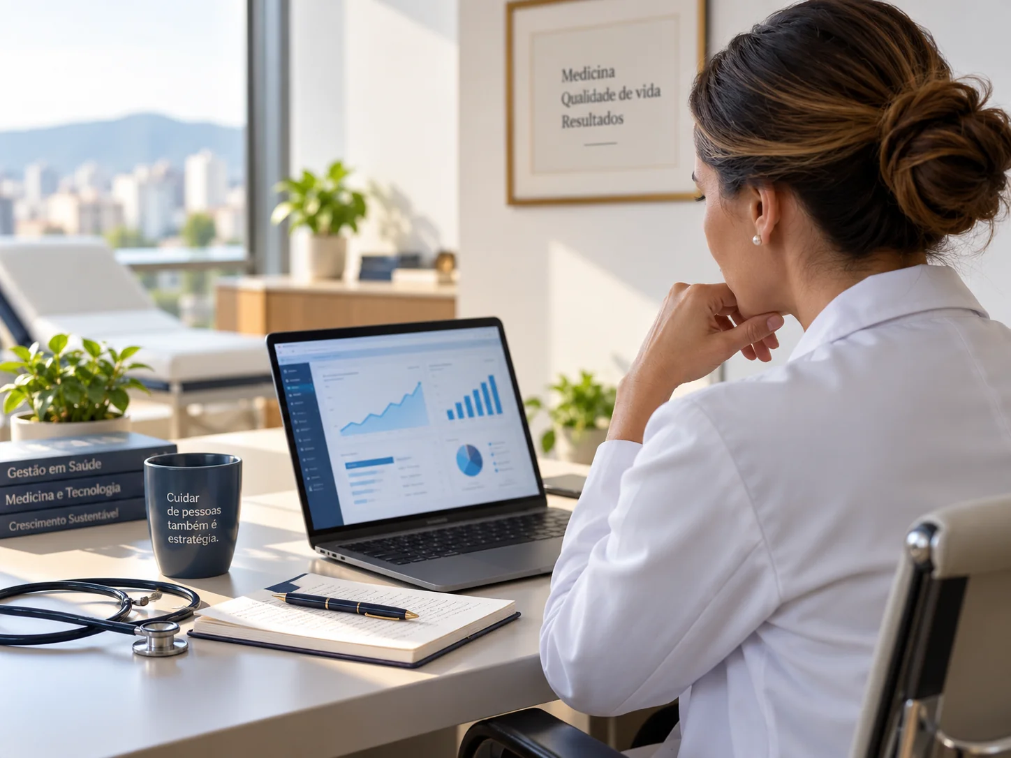 Médica analisando dados e indicadores em notebook em consultório contemporâneo.