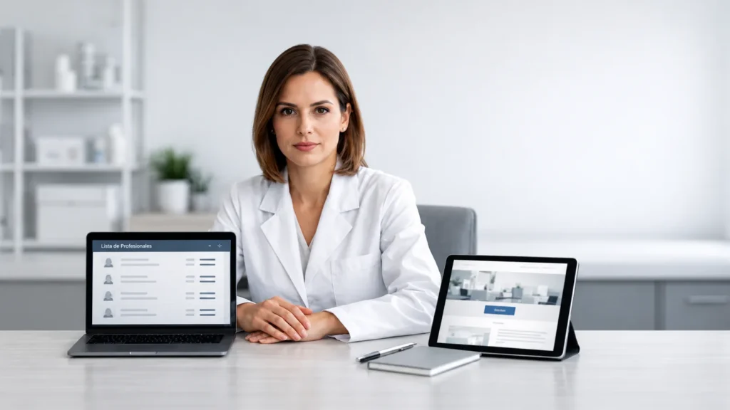 Médica de jaleco branco sentada à mesa, com um notebook exibindo uma lista de profissionais e um tablet mostrando um site.