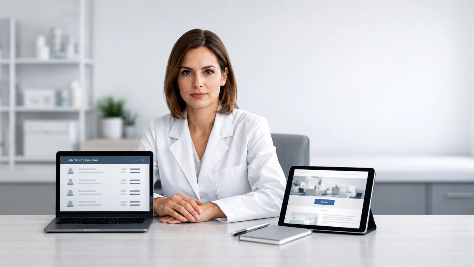 Médica de jaleco branco sentada à mesa, com um notebook exibindo uma lista de profissionais e um tablet mostrando um site.