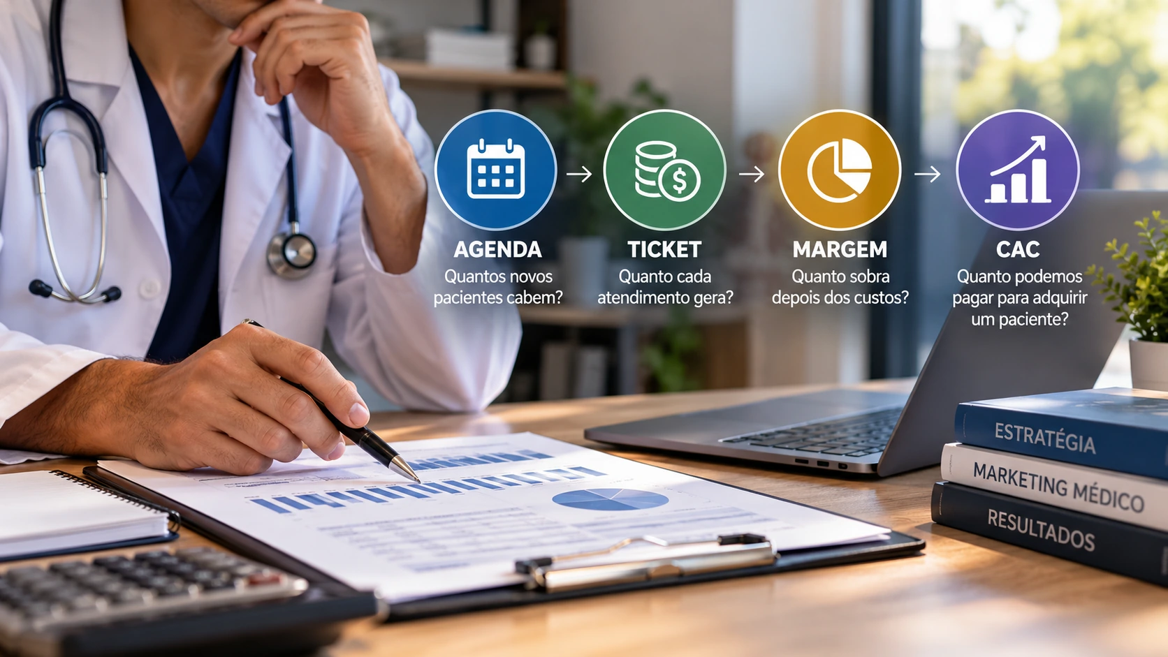 Médico analisando dados de marketing com foco em agenda, ticket, margem e CAC para definir quanto investir na aquisição de novos pacientes.