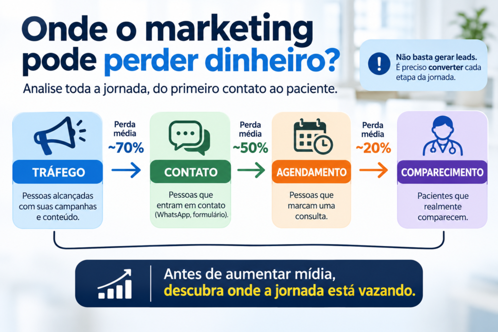 nfográfico mostra onde o marketing médico pode perder eficiência entre tráfego, contato, agendamento e comparecimento, destacando a importância de identificar gargalos antes de aumentar o investimento em mídia.