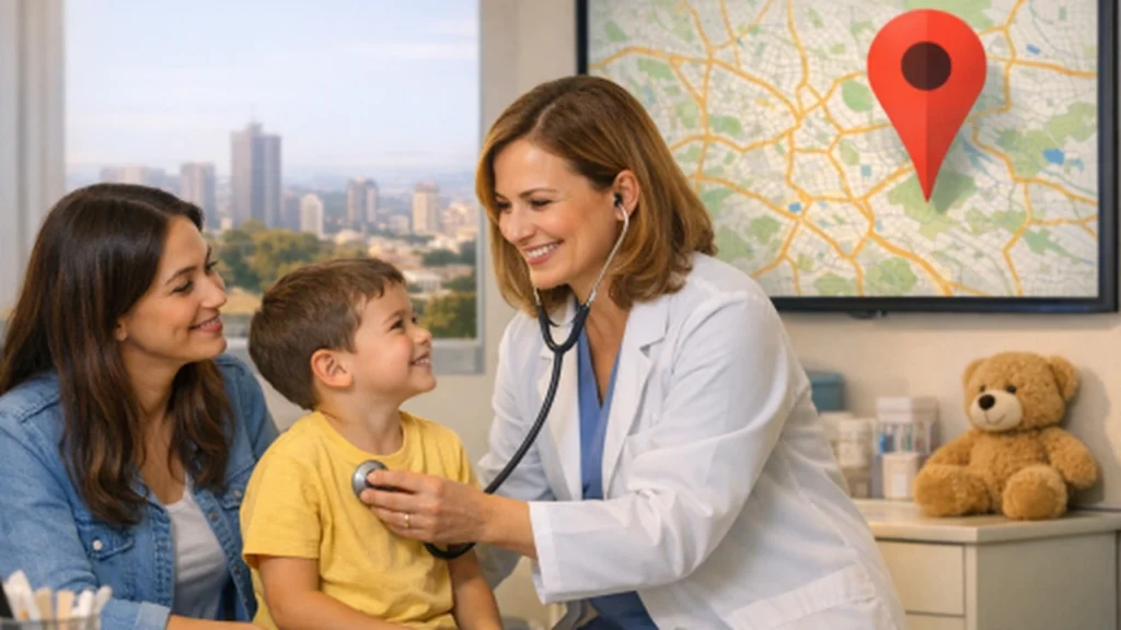 Pediatra atendendo uma criança acompanhada pela mãe, com mapa e marcador de localização ao fundo.