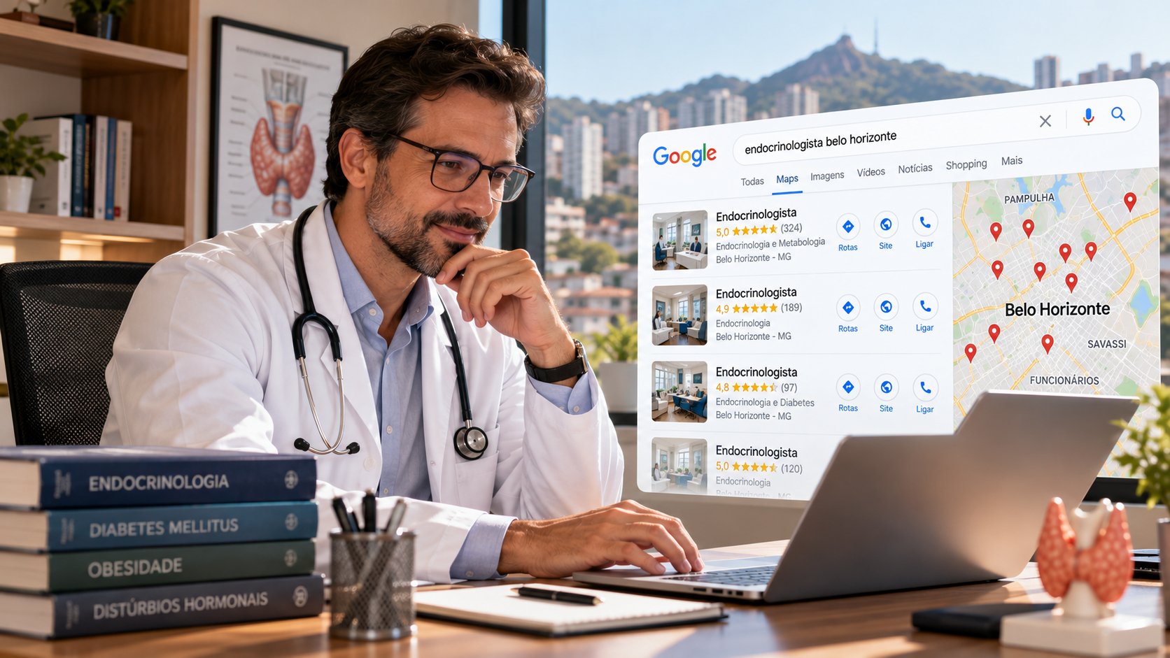 Endocrinologista usando um notebook em consultório, com resultados de busca e mapa de Belo Horizonte em destaque.
