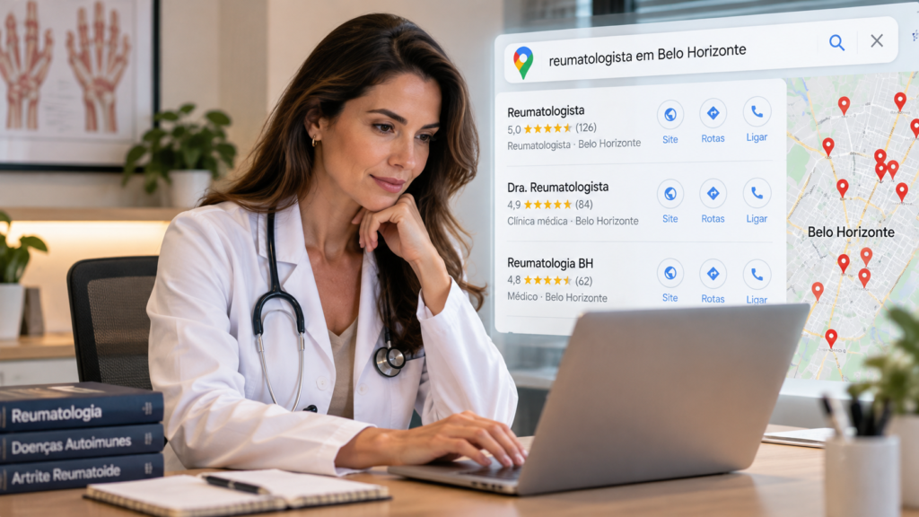Reumatologista em consultório analisando no computador resultados do Google Maps para reumatologistas em Belo Horizonte.