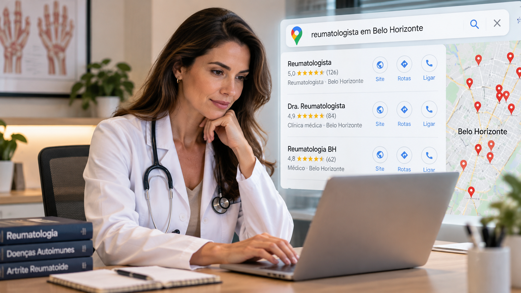 Reumatologista em consultório analisando no computador resultados do Google Maps para reumatologistas em Belo Horizonte.