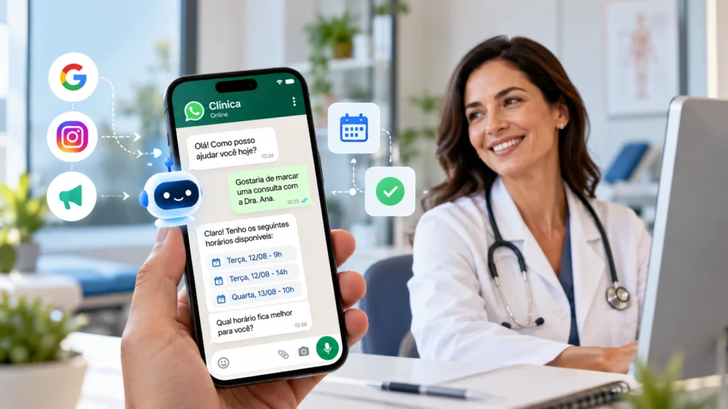 Médica em consultório com smartphone exibindo atendimento por WhatsApp com agente de IA para agendamento de consultas e integração com canais digitais.