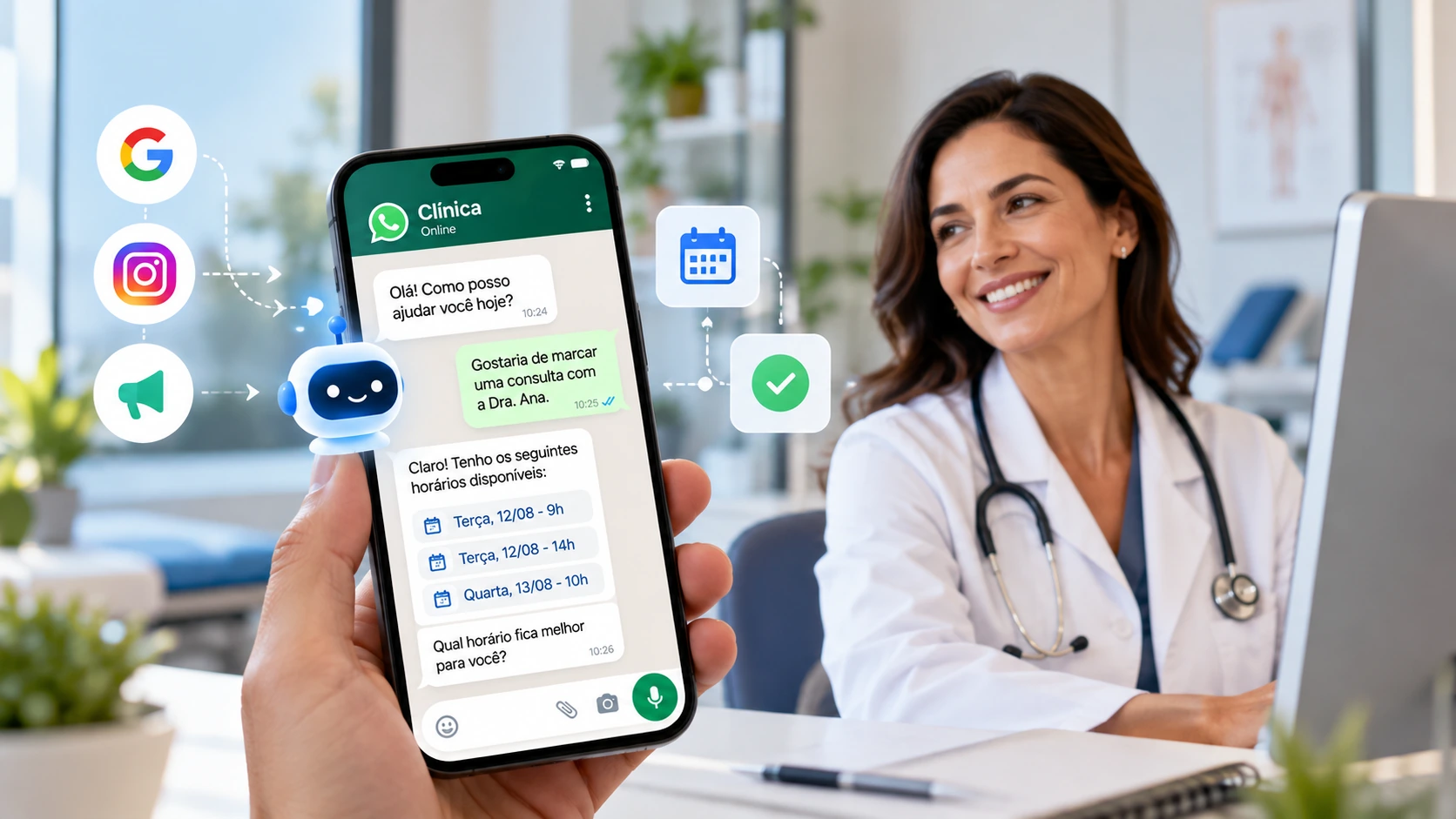 Médica em consultório com smartphone exibindo atendimento por WhatsApp com agente de IA para agendamento de consultas e integração com canais digitais.