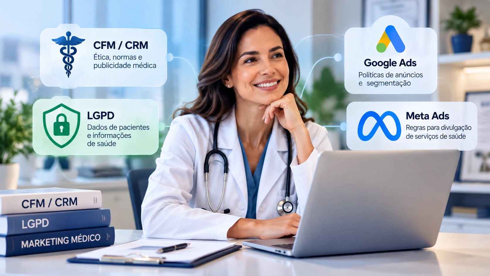 Médica em consultório com notebook e referências visuais a CFM, LGPD, Google Ads e Meta Ads, representando conformidade e publicidade no marketing para clínicas médicas.