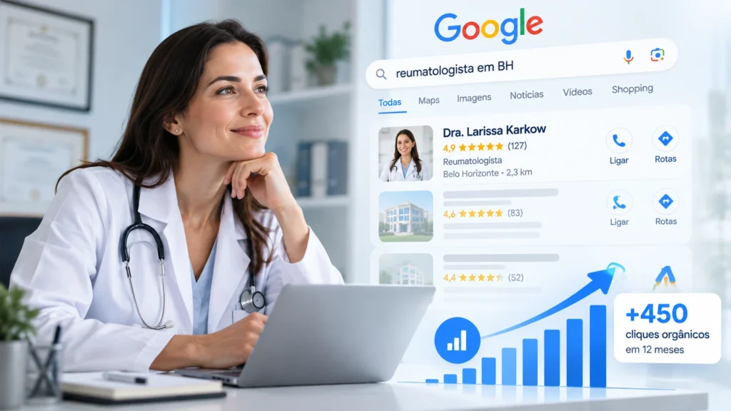 Médica em consultório analisando resultados de SEO no Google, com busca por reumatologista, avaliações locais e crescimento de cliques orgânicos em 12 meses.