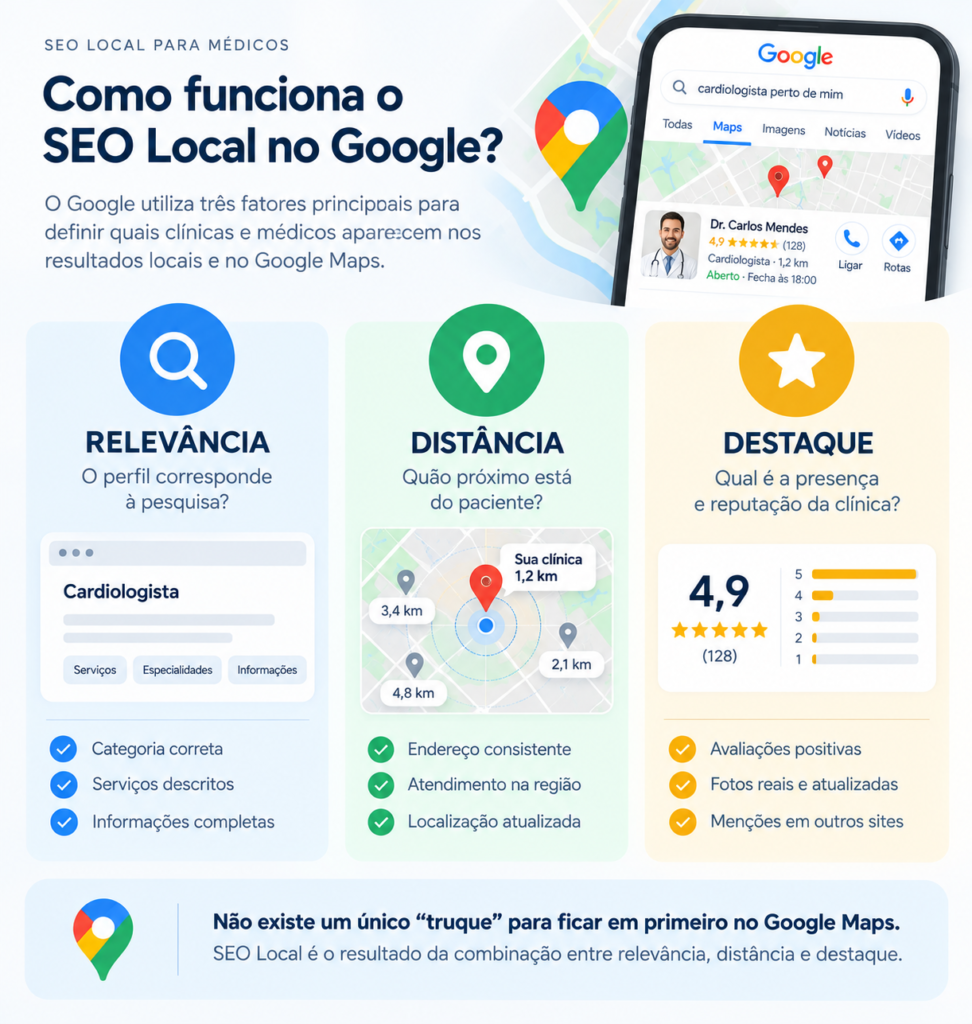 Infográfico sobre SEO Local para médicos, destacando relevância, distância e destaque como fatores do Google para resultados locais e Google Maps.