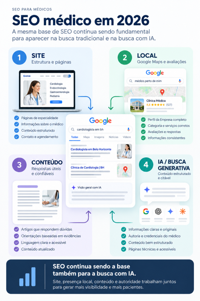 Infográfico sobre SEO médico em 2026, mostrando site, SEO Local, conteúdo e busca generativa com IA como pilares para aumentar a visibilidade de médicos no Google.