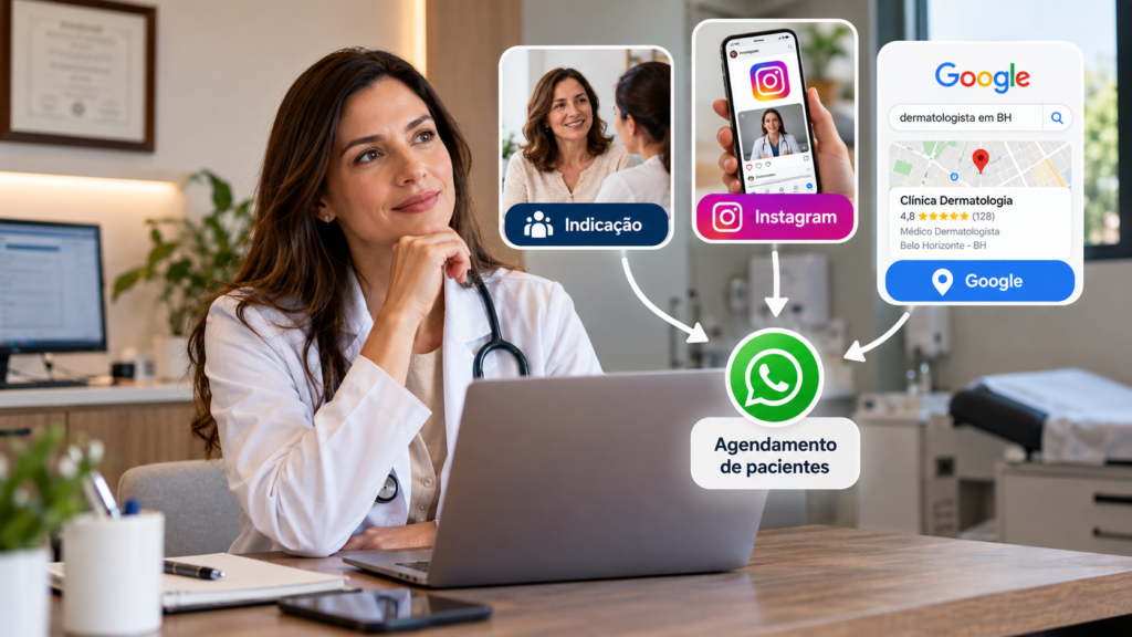 Médica em consultório com referências a indicação, Instagram, Google e WhatsApp como canais de aquisição e agendamento de pacientes.