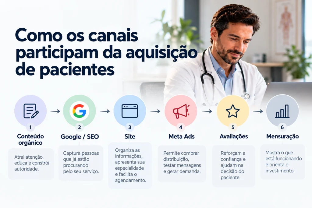 Papel do conteúdo orgânico, Google, site, Meta Ads e avaliações na aquisição de pacientes