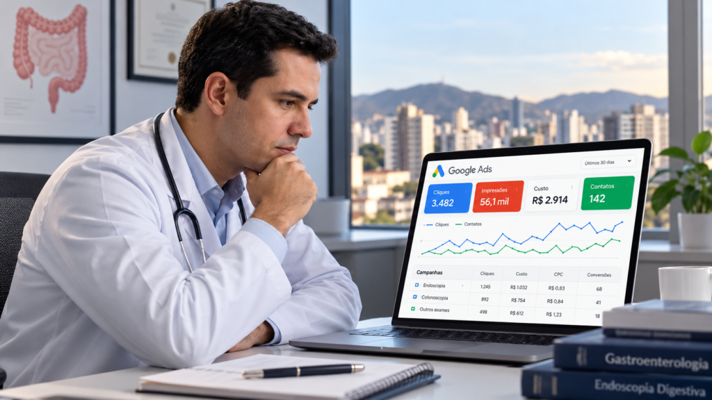 Médico analisando dados de campanha e resultados de Google Ads no consultório.