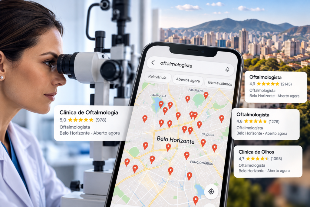 Oftalmologista examinando paciente enquanto um smartphone exibe resultados de busca por oftalmologistas no Google Maps em Belo Horizonte.