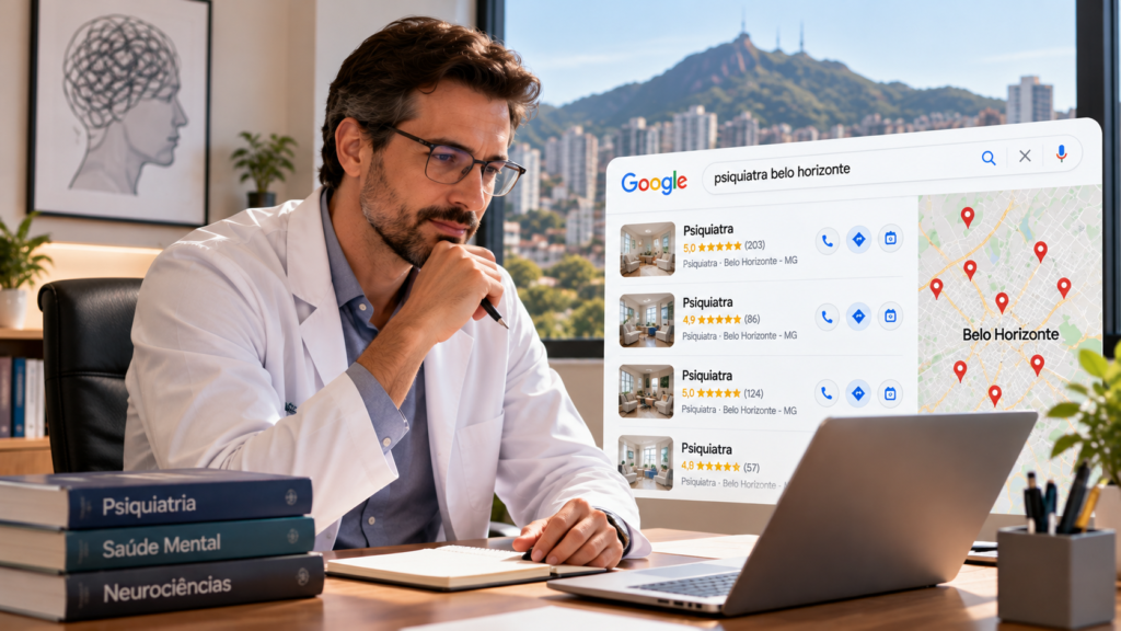 Psiquiatra em consultório analisando no computador resultados do Google Maps para psiquiatras em Belo Horizonte.