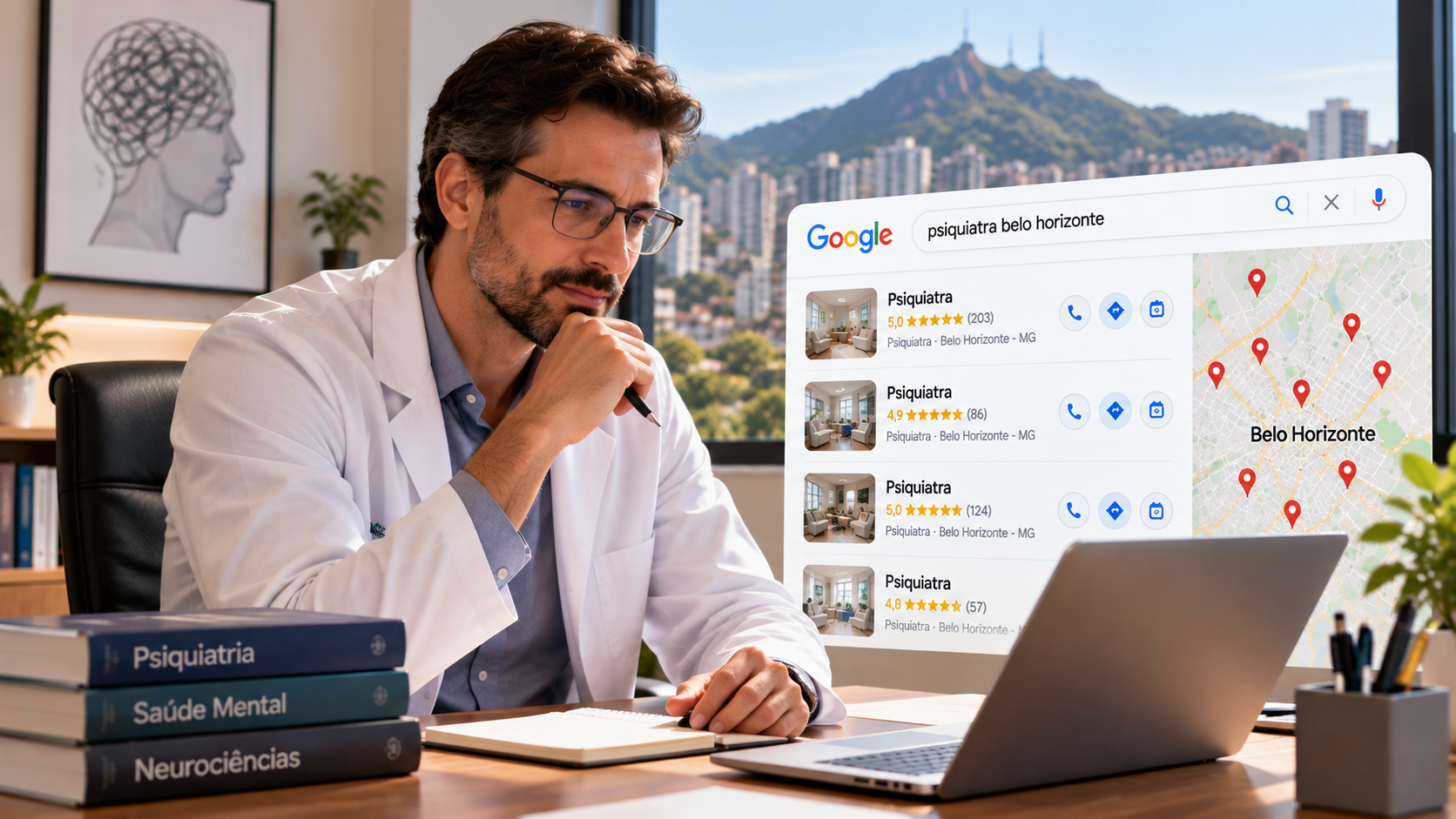 Psiquiatra em consultório analisando no computador resultados do Google Maps para psiquiatras em Belo Horizonte.