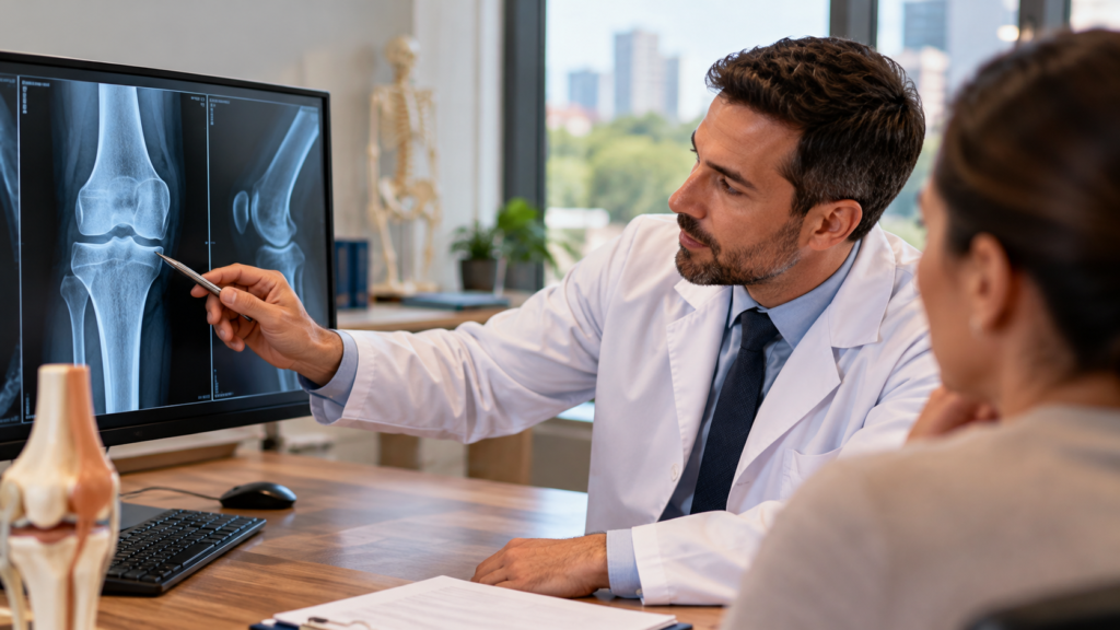 Ortopedista em consultório explicando uma radiografia do joelho a uma paciente durante atendimento médico.